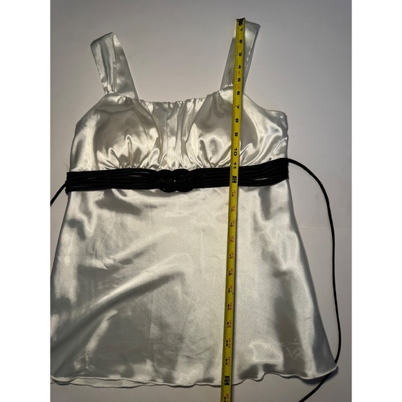 Satin M Tank Top Black Waist Tie Ruched Bust Sleeveless Blouse Dressy - Picture 4 of 9